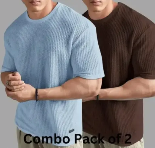 Men's Oversized Waffle Knit T-Shirt Combo Pack of 2 | Popcorn Textured Cotton Blend Tees | Trendy Loose Fit Combo for Casual Wear |